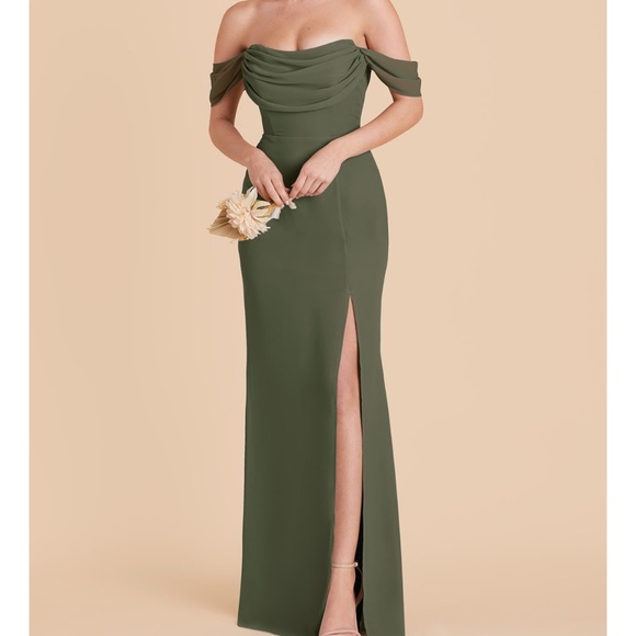 Elegant Olive Off-Shoulder Gown - Picture 1 of 8
